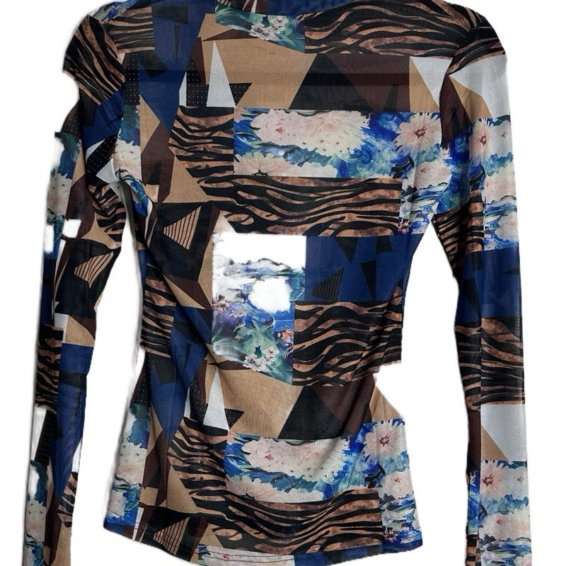 JULIANA SEXY LONG SLEEVE FLORAL MESH TOP